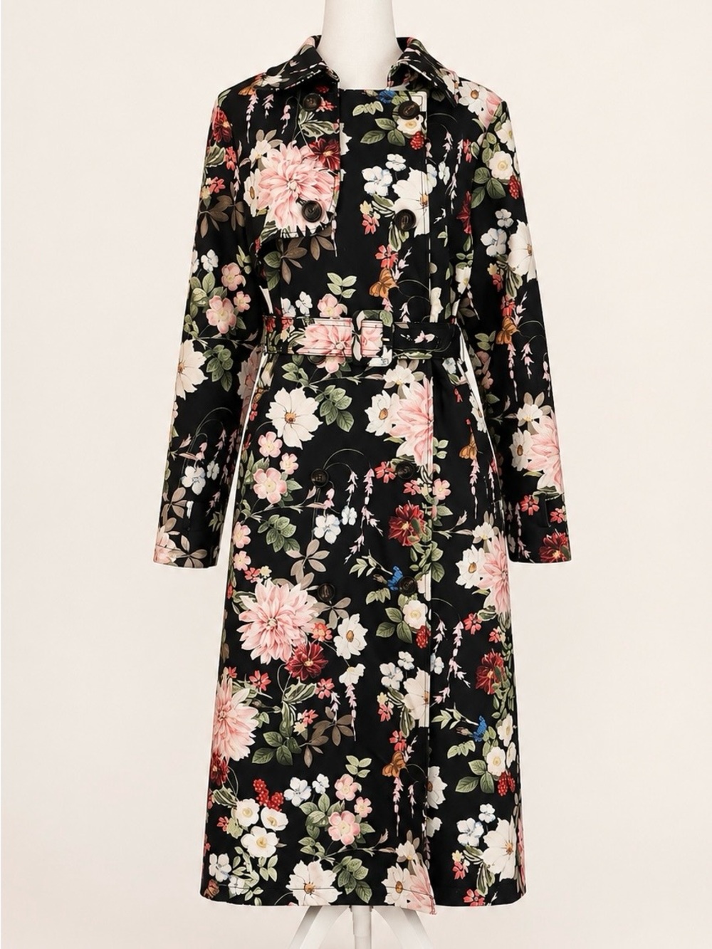 Floral Double-Breasted Belted Trench Coat - Medium - NWT
